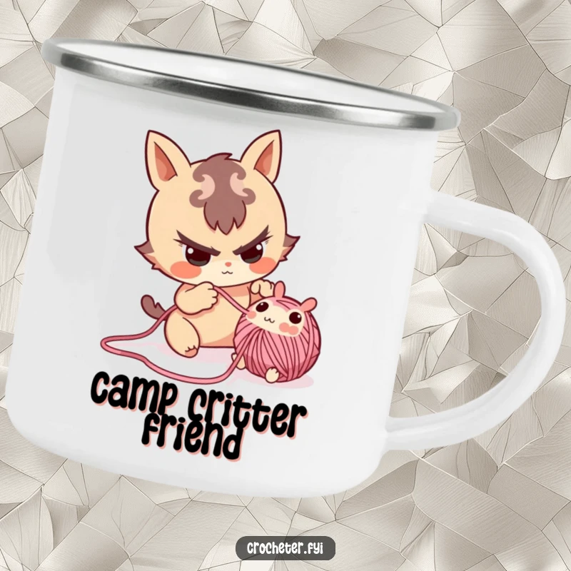 Funny camping mug with a mischievous character playfully pulling a small yarn critter from a crafting project.