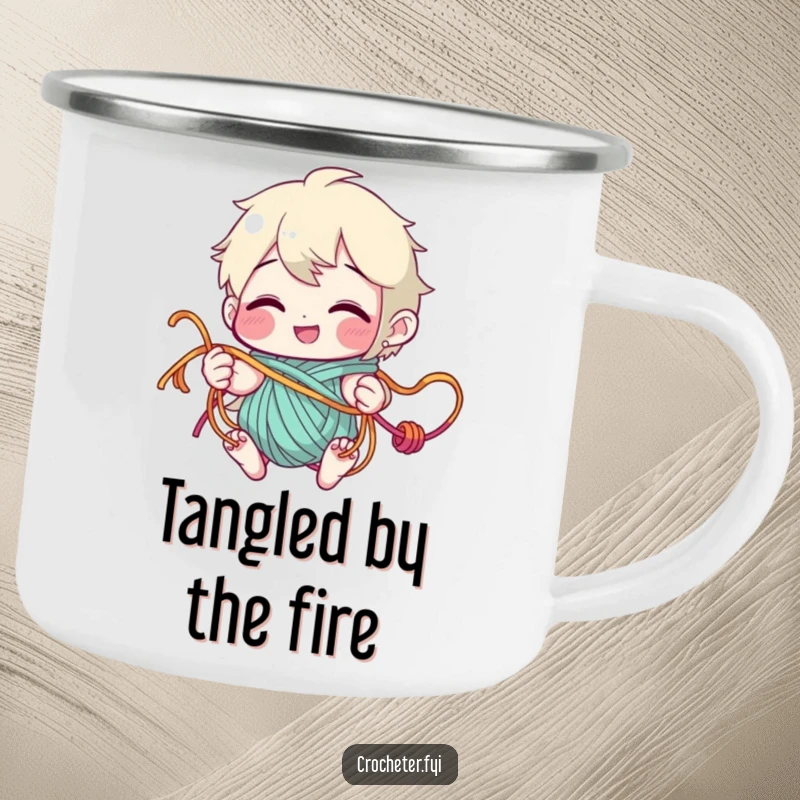 Funny Camping Mug featuring a grinning character playfully tangled in yarn strands, designed for outdoor crafting enjoyment and a touch of humor.