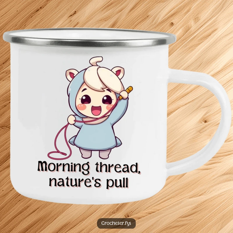 Funny Crochet Camping Mug: Cheerful character enthusiastically pulls a long thread from a crochet hook, ready for outdoor crafting.