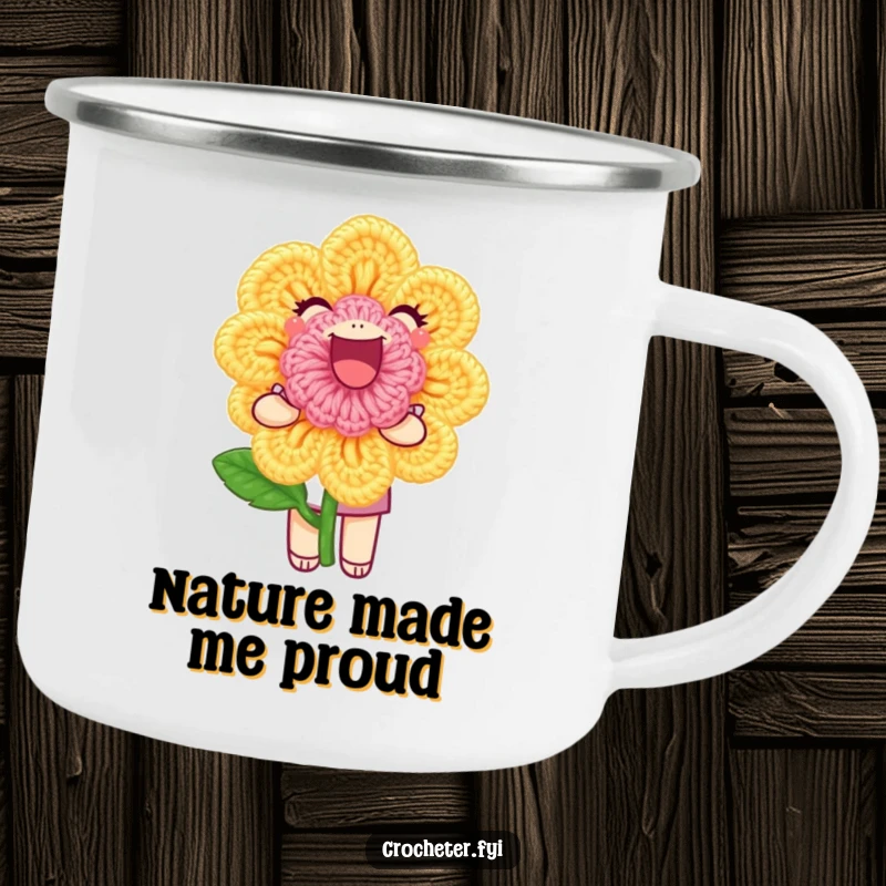 Funny Camping Mug: A joyful character holds a perfect crochet flower, ideal for enjoying beverages during outdoor crafting.