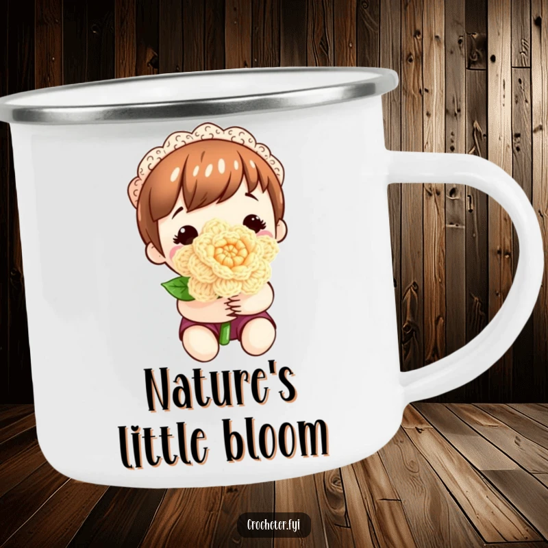 Funny camping mug with a content character holding a meticulously crocheted flower, suitable for outdoor use.