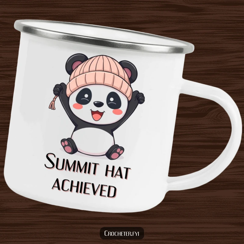 Funny panda camping mug, showing a panda proudly holding a slightly lopsided knit hat, for outdoor crafters.
