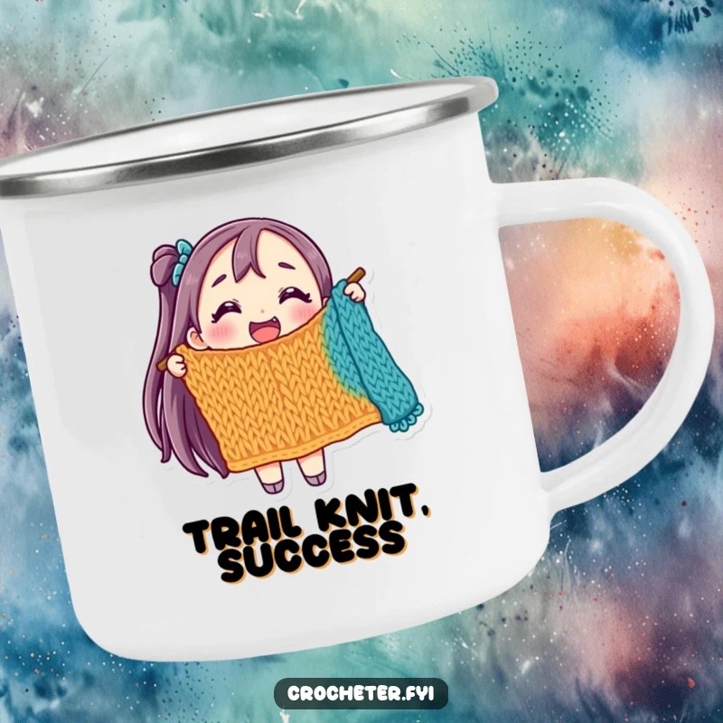 Funny camping mug featuring a joyful character holding a colorful, partially knitted item, for happy outdoor crafting.