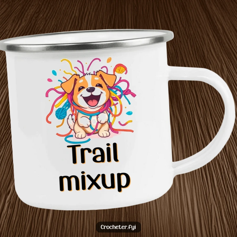 Funny excited dog tangled in a colorful yarn explosion, a durable camping mug design for outdoor adventures.