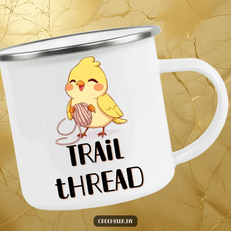 Funny joyful bird looping yarn with focus, a durable camping mug design for creative outings.