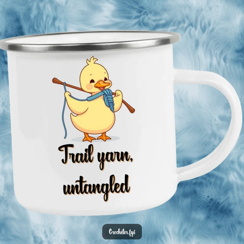 Funny camping mug featuring a happy duck crocheting yarn with a hook, perfect for cozy outdoor crafting breaks.