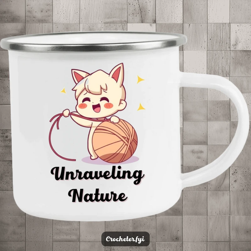 Funny camping mug showing a cheerful character enthusiastically pulling a long strand of yarn from a ball, ideal for outdoor crafting.