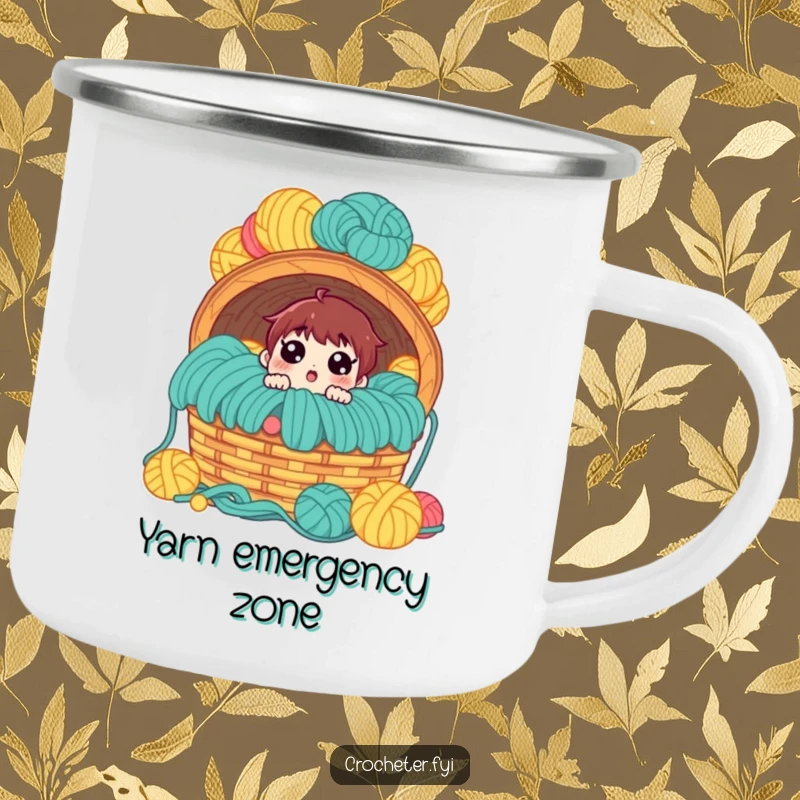 Funny camping mug, surprised character facing an enormous yarn basket, durable and humorous for outdoors.