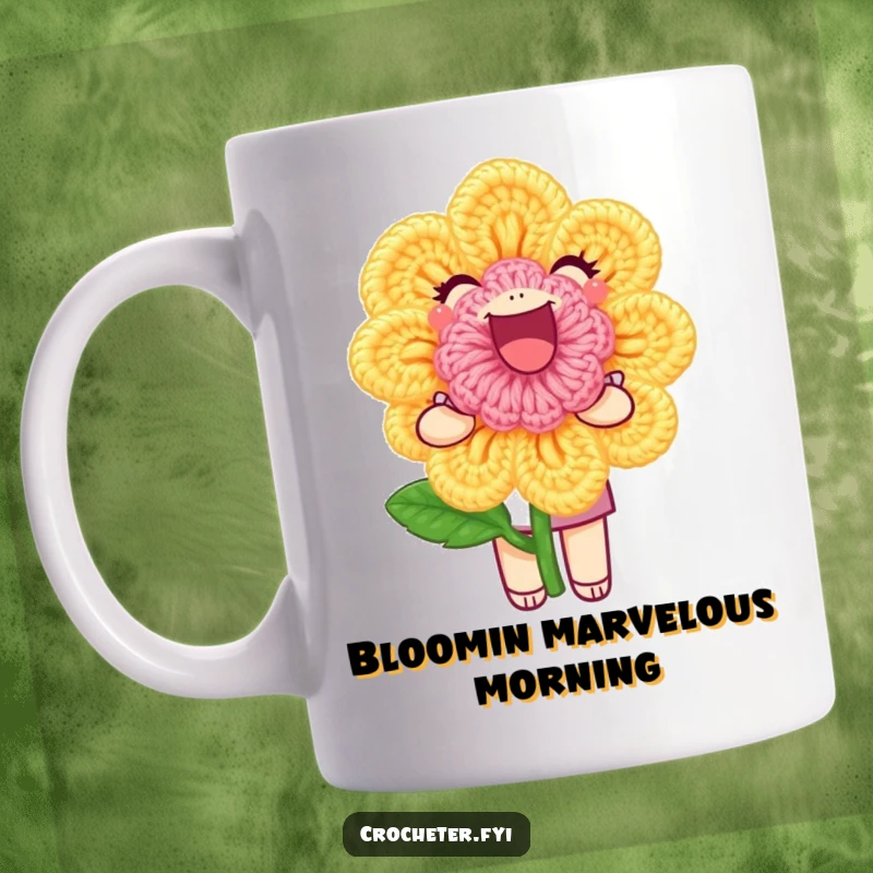 Funny Coffee Mug: A joyful character beams while showcasing a perfectly crocheted flower, celebrating crafting skill.