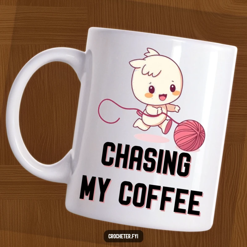 Funny mug featuring a playful character gleefully chasing a runaway ball of yarn, capturing the joy of pet antics and lighthearted fun.