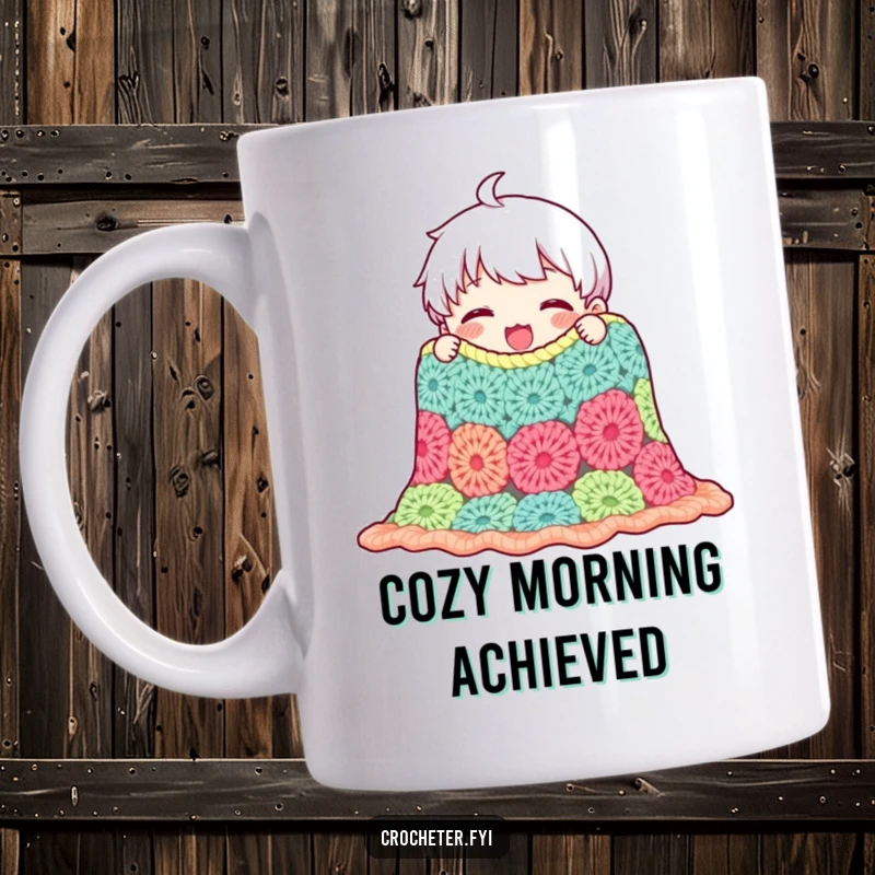 Funny mug showing a content character admiring a beautifully crocheted blanket with pride, celebrating the joy of crafting and cozy creations.
