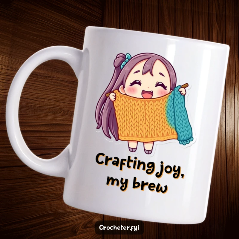 Funny mug with a joyful character proudly holding a colorful, partially knitted item, showcasing crafting happiness.