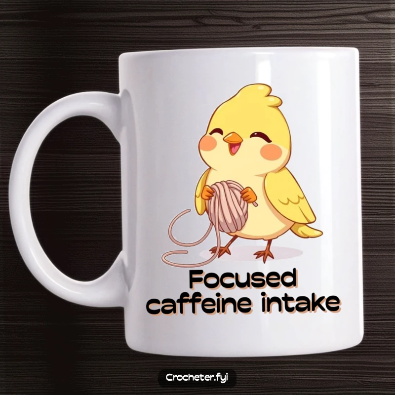 Funny joyful bird deftly looping yarn with intense focus, a humorous and crafty mug design.