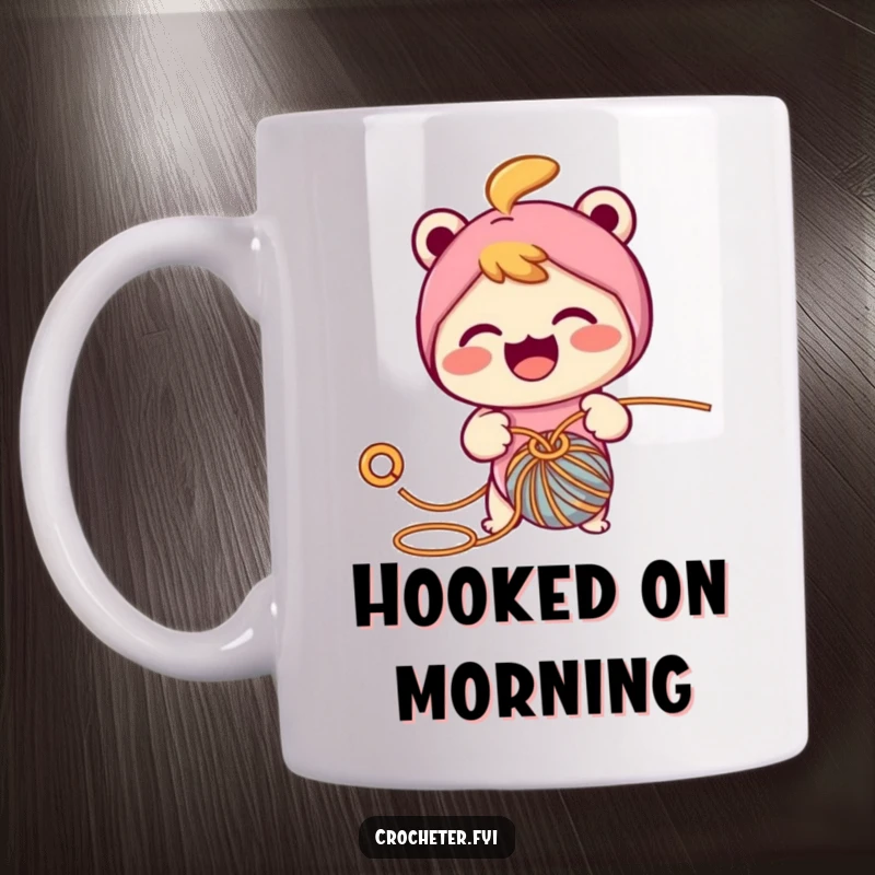Funny mug showing a cheerful character energetically pulling yarn through a loop with a crochet hook, capturing the joy of making.