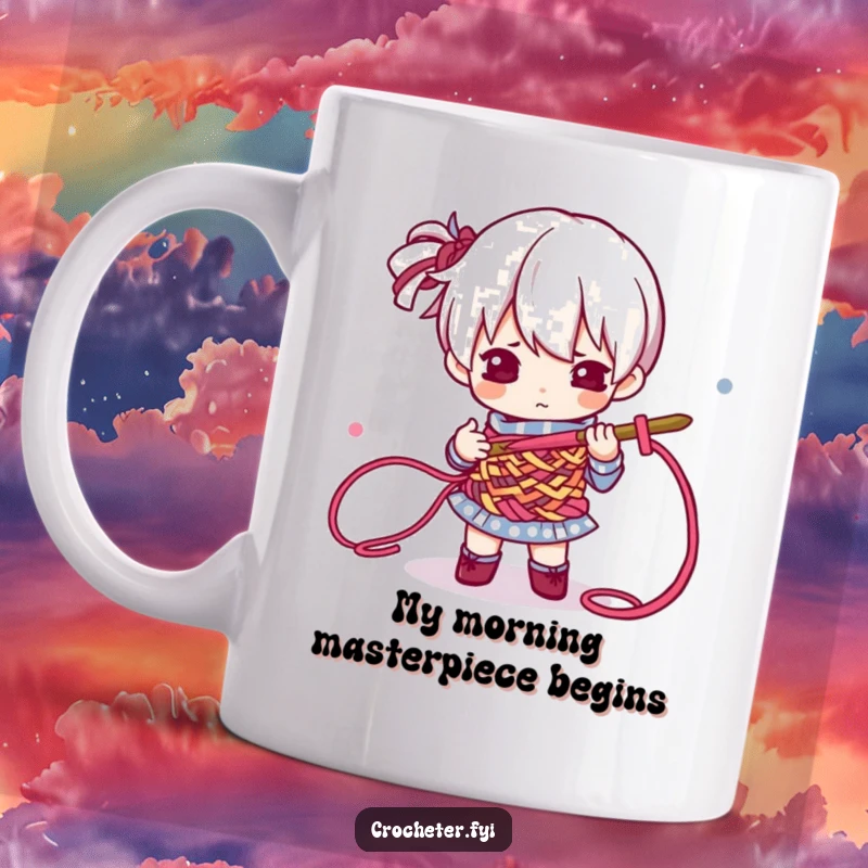 Funny Mug featuring a determined character with intense focus, skillfully manipulating colorful yarn threads with a crochet hook.
