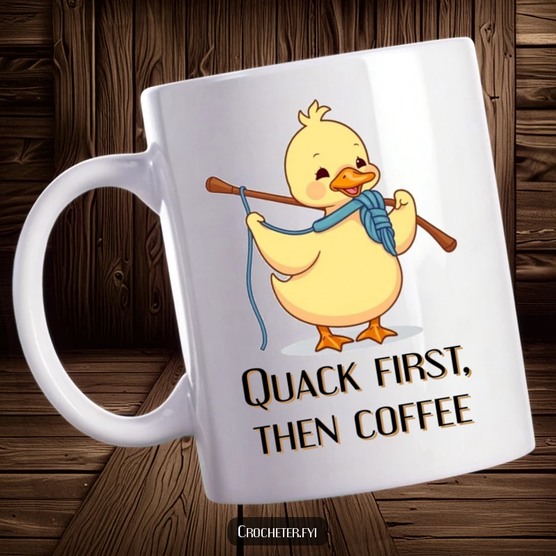 Funny mug depicting a determined duck enthusiastically crocheting with yarn and a hook, showcasing skilled crafting.