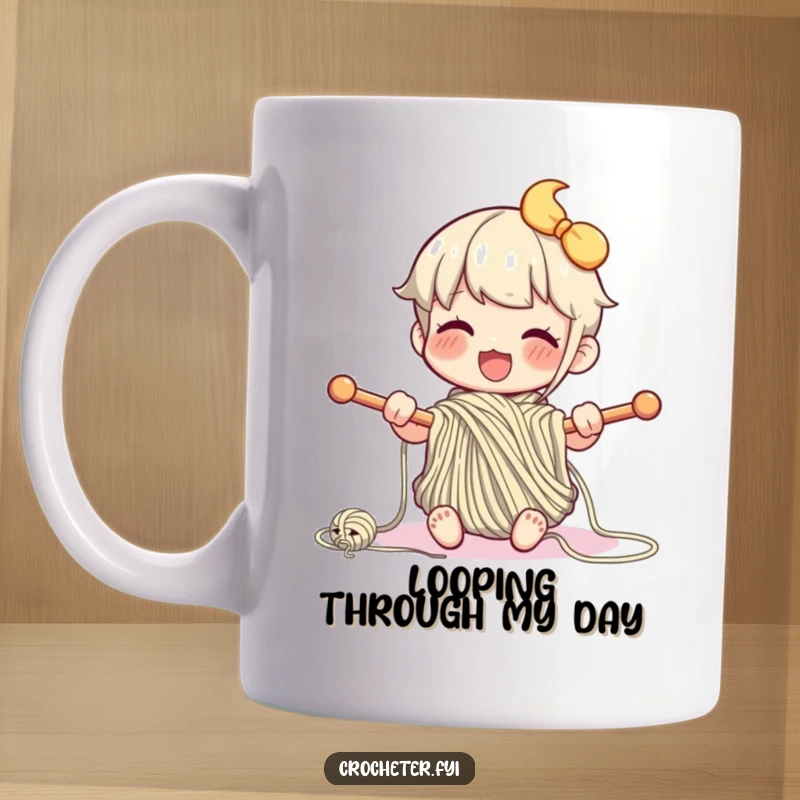 Funny mug featuring a happy character enthusiastically looping yarn with large knitting needles, a celebration of crafting joy.