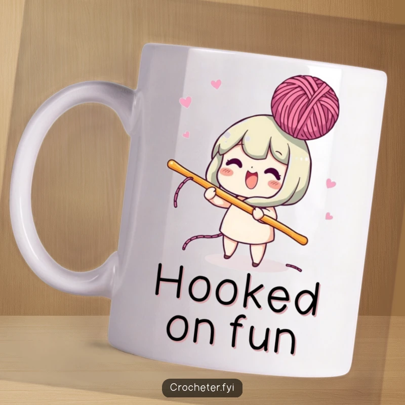 Funny mug featuring an energetic character playfully bobbing a ball of yarn in the air with a crochet hook.