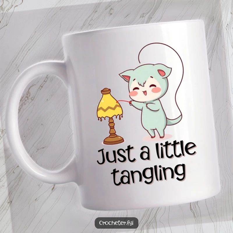 Funny mug, mischievous character looping thread around a lamp, playful prankster gift for coffee lovers.