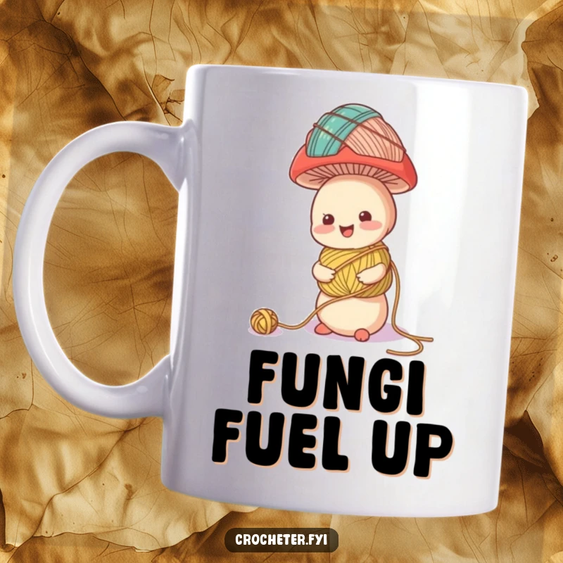 Funny mug with a cheerful mushroom character attempting to balance a tall tower of colorful yarn balls, a whimsical crafting scene.