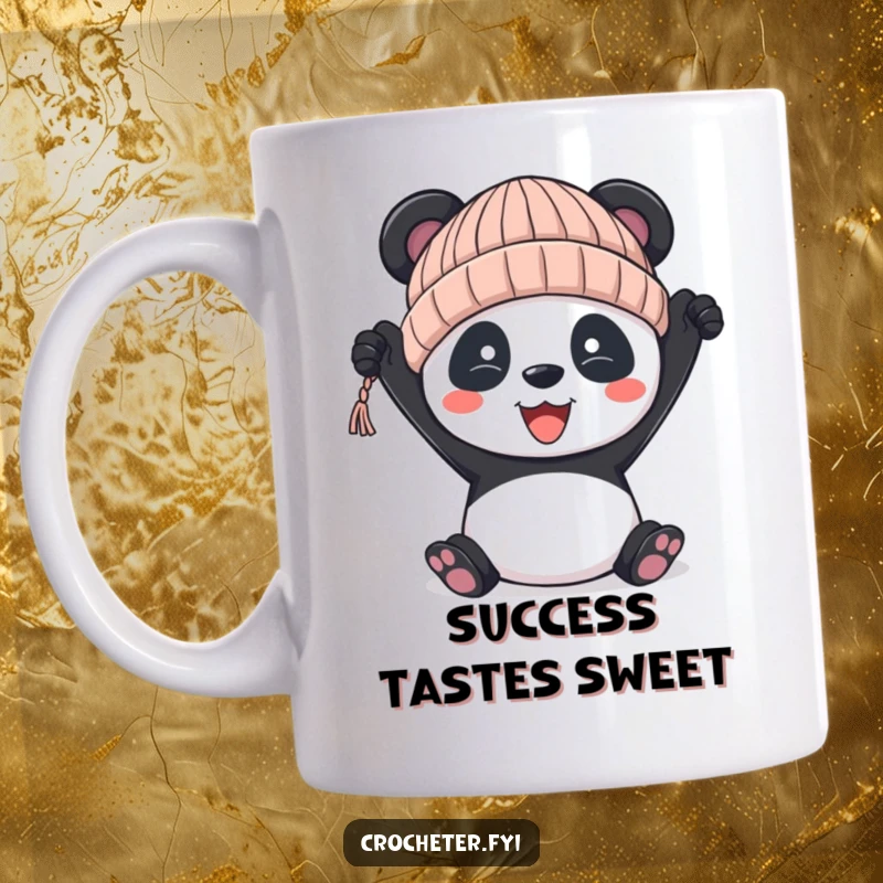 Funny panda mug, cheering triumphantly while holding a slightly lopsided knitted hat, celebrating crafting success.