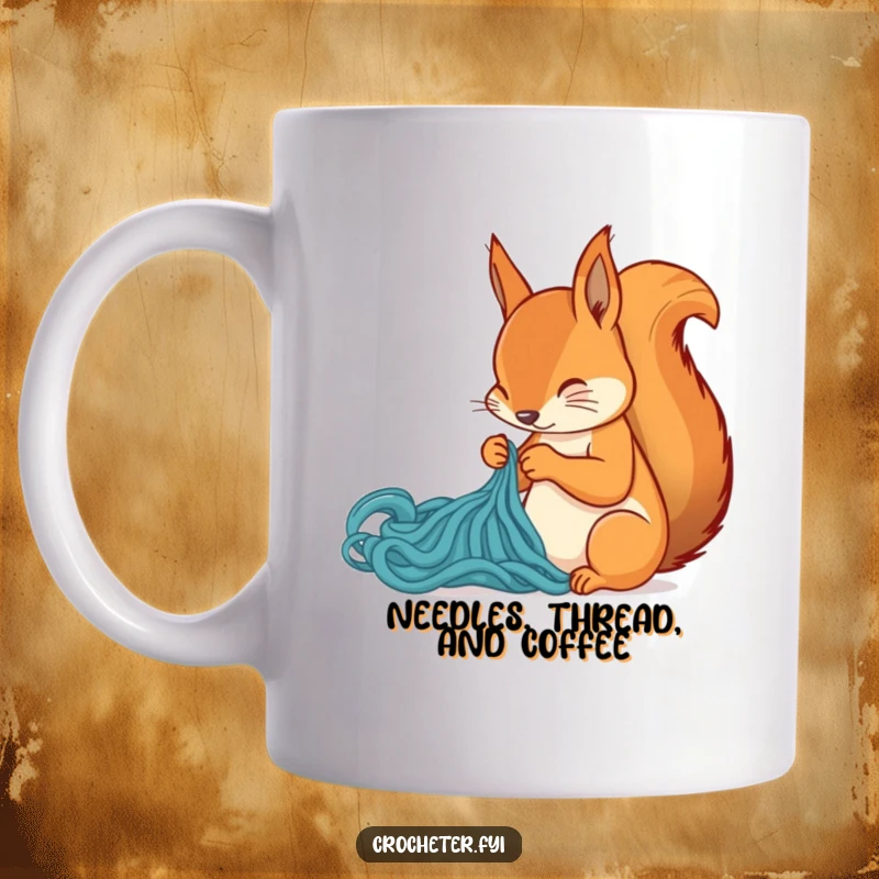 Funny squirrel knitting a new stitch with intense focus, ideal for crafters and sewing enthusiasts seeking a humorous gift.