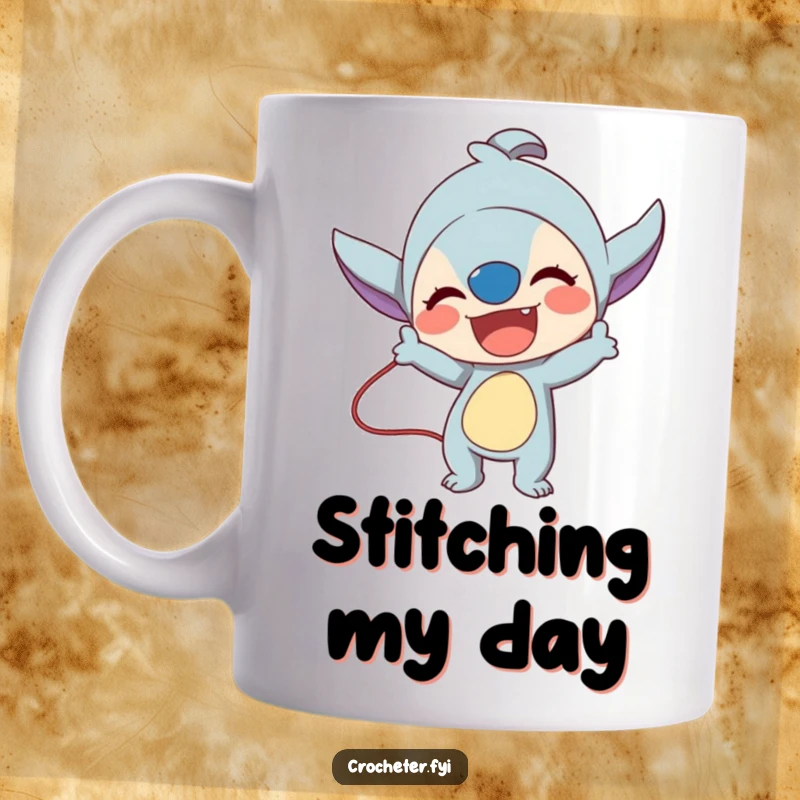 Funny mug with an excited character energetically demonstrating a complex knitting or crochet stitch technique.