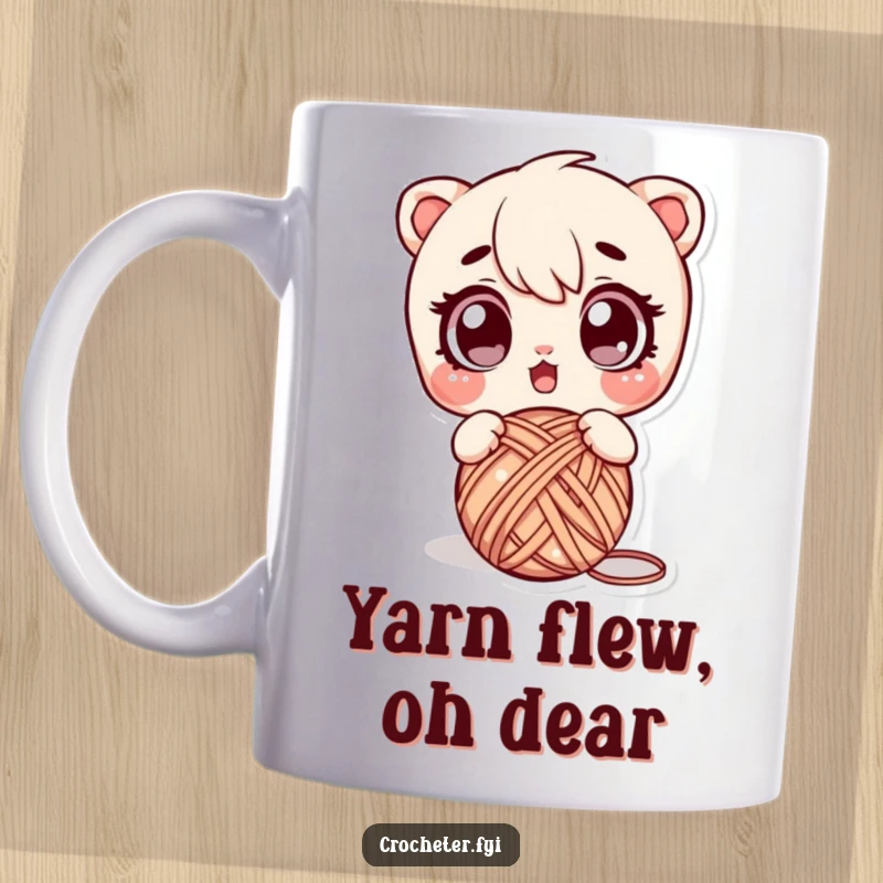 Funny mug featuring a wide-eyed character caught mid-drop with a ball of yarn, expressing pure surprise and crafting calamity.