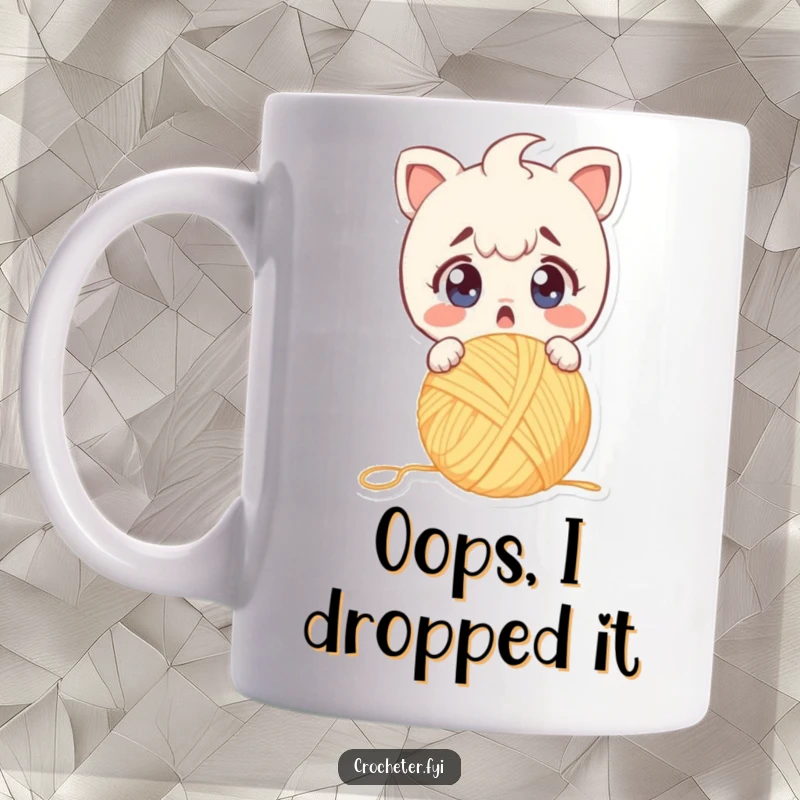Funny mug featuring a surprised character dropping yarn, wide eyes expressing crafting panic, a perfect funny gift.