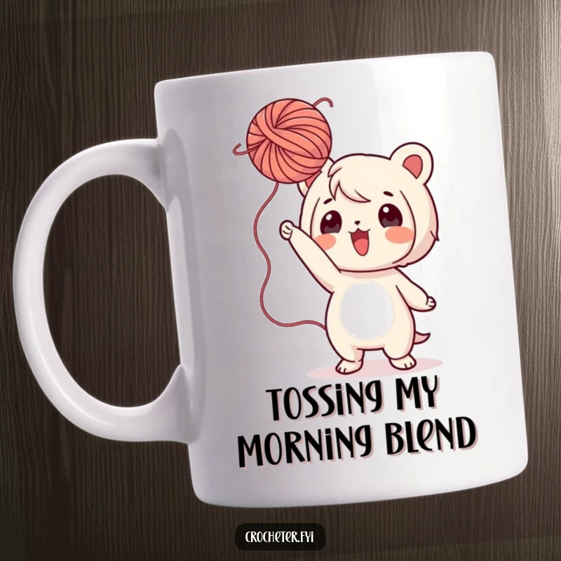 Funny Yarn Game Mug: A playful character happily tosses a fluffy ball of yarn in a lighthearted, energetic pose.