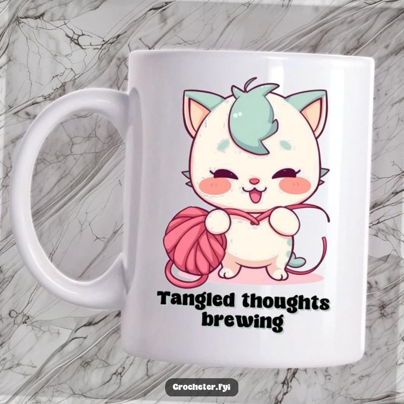 Funny mug with a mischievous character playfully tangling yarn into a knot, capturing the humorous side of crafting struggles.