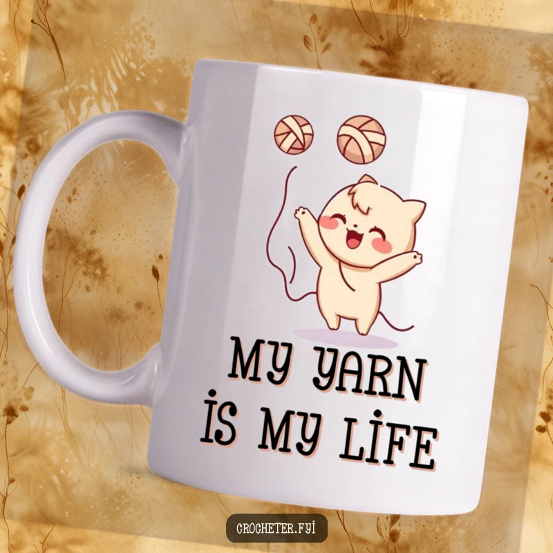 Funny yarn tossing character mug, gleefully playing with a ball of yarn, perfect for a laugh.