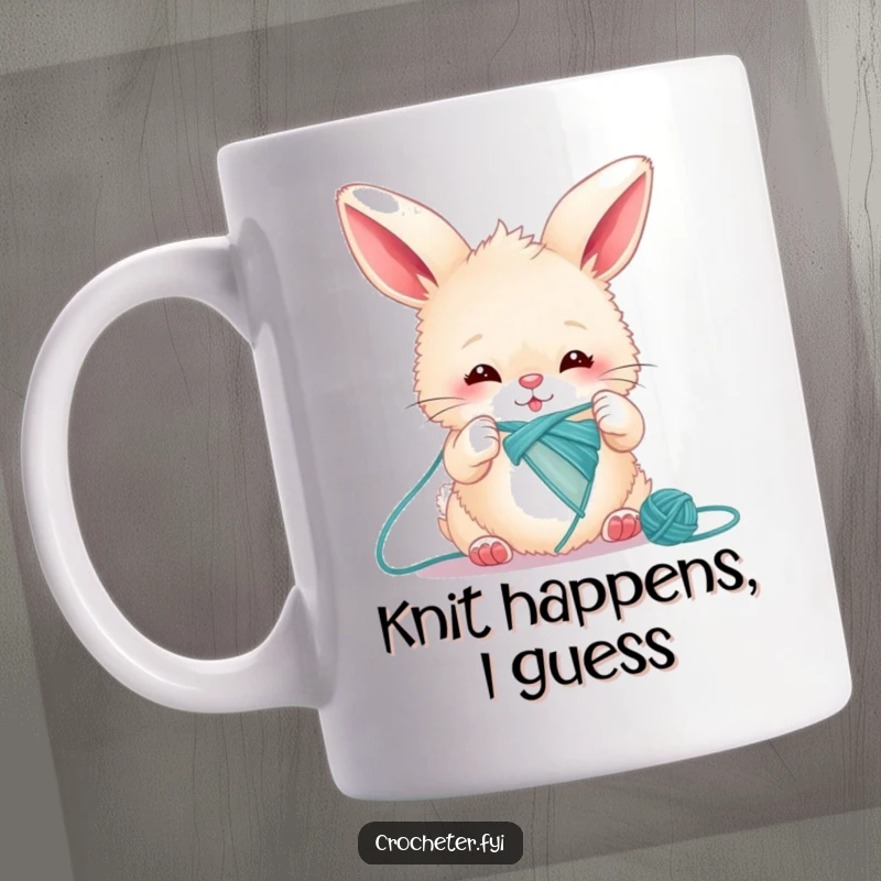 Funny bunny mug showing a fluffy rabbit struggling to knit a ridiculously long thread with a determined yet comical expression.
