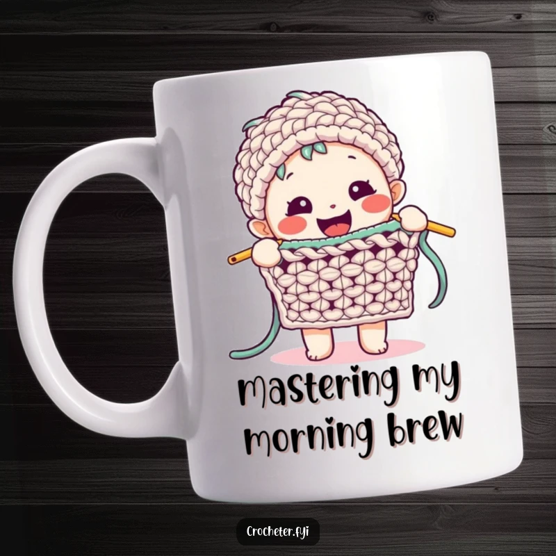 Funny Crochet Master Mug: A happy character enthusiastically demonstrates a difficult crochet stitch with a proud and joyful expression.