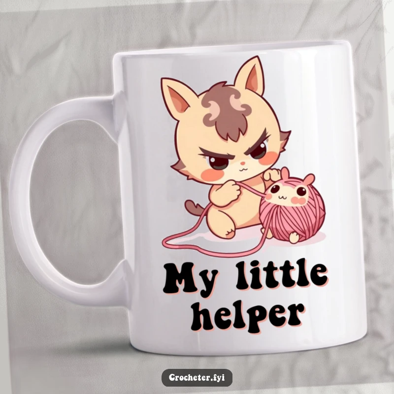 Funny mug with a mischievous character playfully pulling a small, cute yarn creature out of a crafting project.