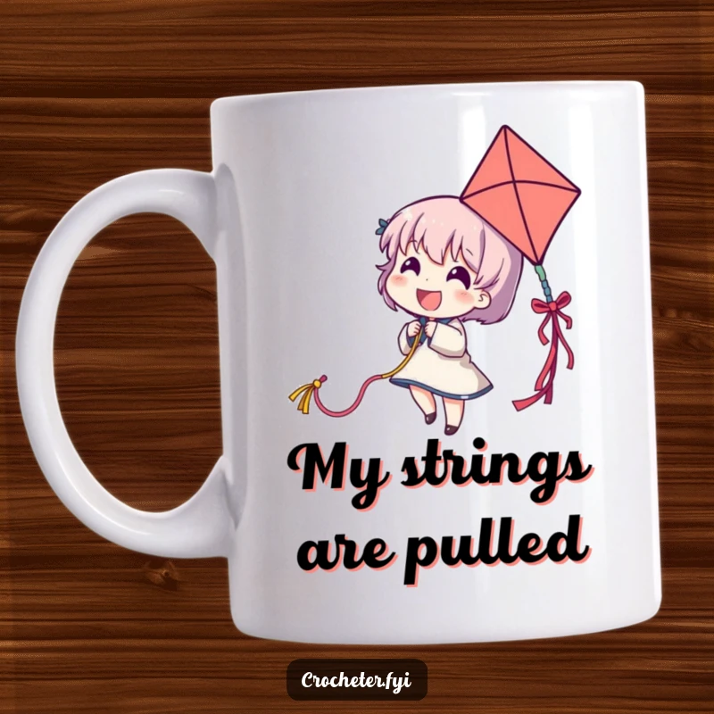 Funny mug showing a delighted character lofting a long, colorful yarn strand like a kite, celebrating playful imagination.
