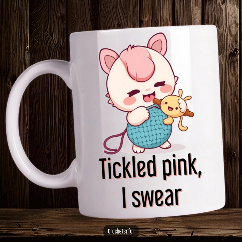 Funny Coffee Mug: A mischievous character playfully tickles a friend with a crochet hook, capturing a moment of lighthearted fun.