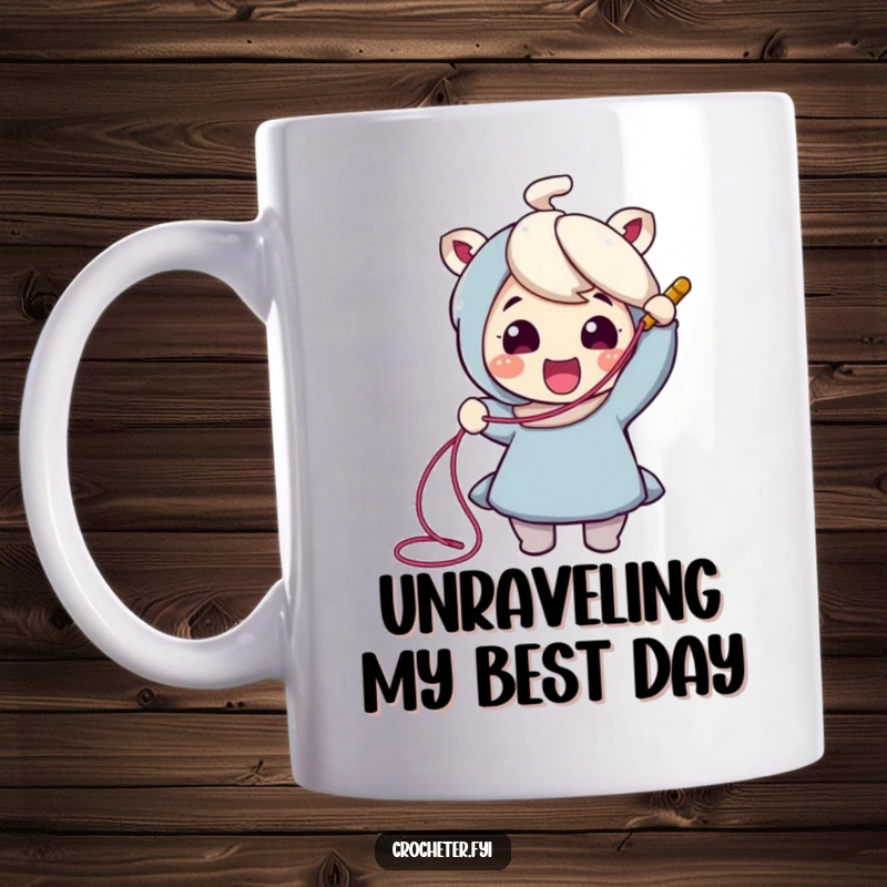 Funny Crochet Mug: Cheerful character joyfully pulls a long, colorful thread from a crochet hook, celebrating the craft.