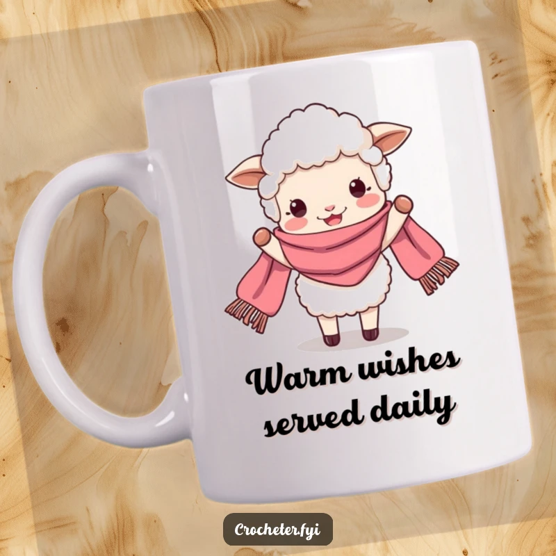 Funny perky sheep beaming while holding up an incredibly long scarf, a cheerful and humorous mug design.