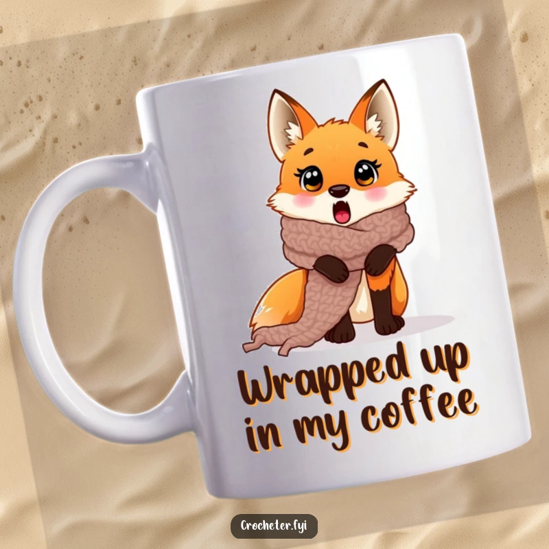 Funny surprised fox mug caught in a giant crocheted scarf it accidentally made, showcasing a comical yarn situation.