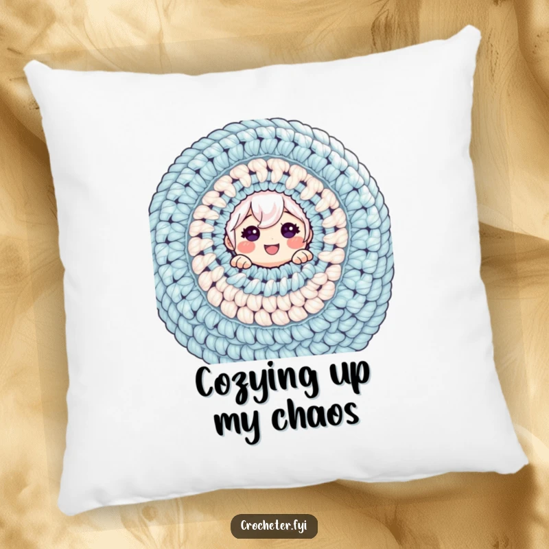 Funny pillow featuring a cheerful character peeking over a massive crochet project, offering comfort and crafting humor.