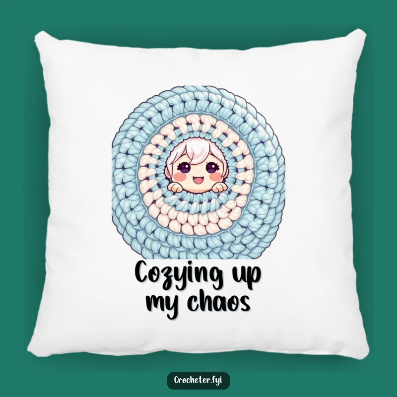 Funny Crochet Pillow - Cheerful Character Peeking from Massive Yarn Project, Cozy Comfort Gift