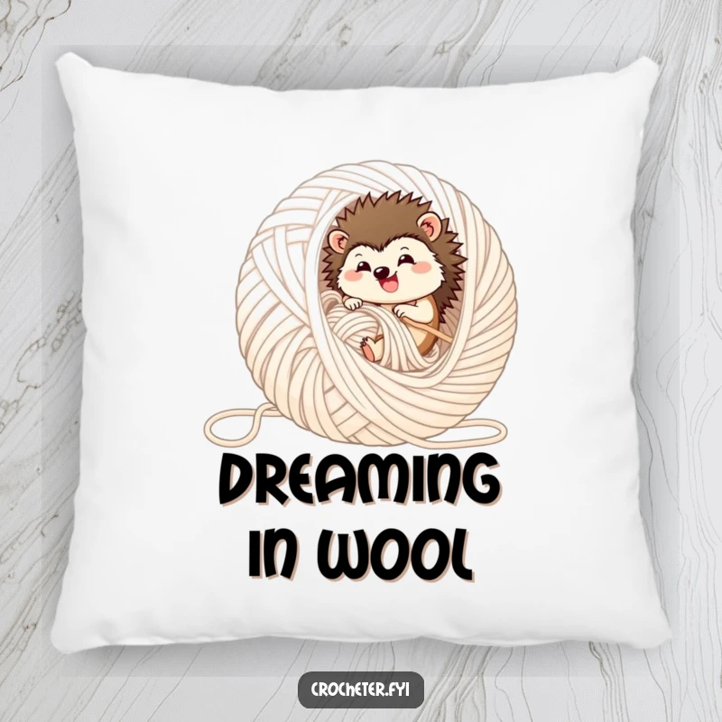 Funny hedgehog pillow, depicting a happy hedgehog rolling in a large, soft ball of yarn, ideal for comfort.