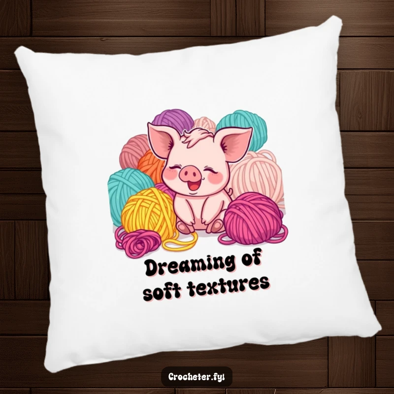 Funny giggling piglet nestled in yarn on a decorative pillow, a cute and humorous addition to any space.