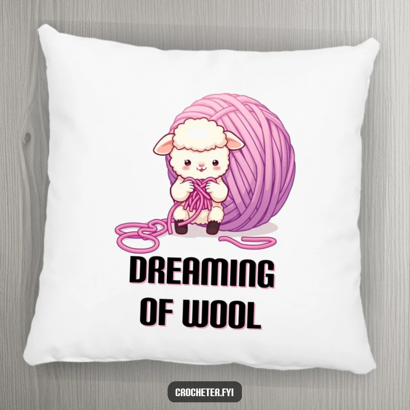 Funny Sheep Pillow featuring a small, fluffy sheep character in a humorous struggle with a giant, tangled ball of yarn, offering comfort and laughs.