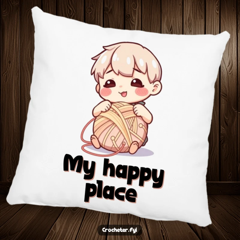 Funny pillow featuring a character with a happy, calm expression, winding yarn into a perfect ball, a cozy home accent.