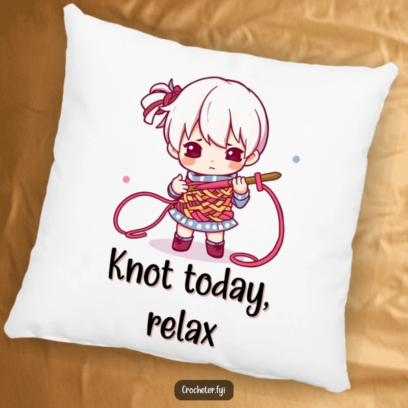 Funny Pillow with a design of a determined character focused on crocheting colorful threads, adding comfort and humor to any room.