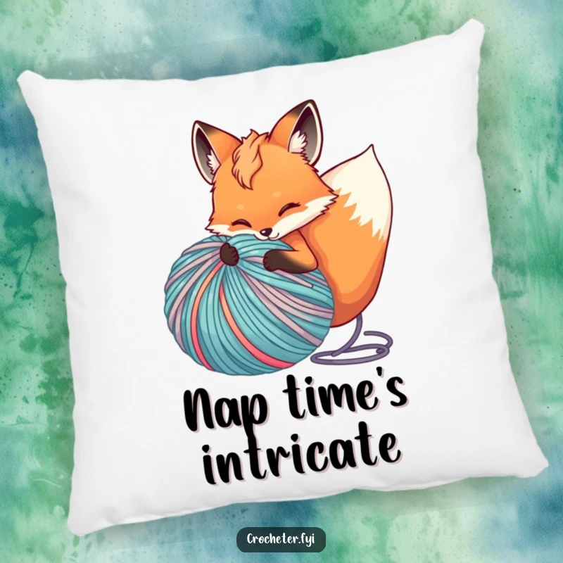 Funny pillow featuring a whimsical fox happily unfurling a massive ball of yarn, bringing cozy humor to any room.