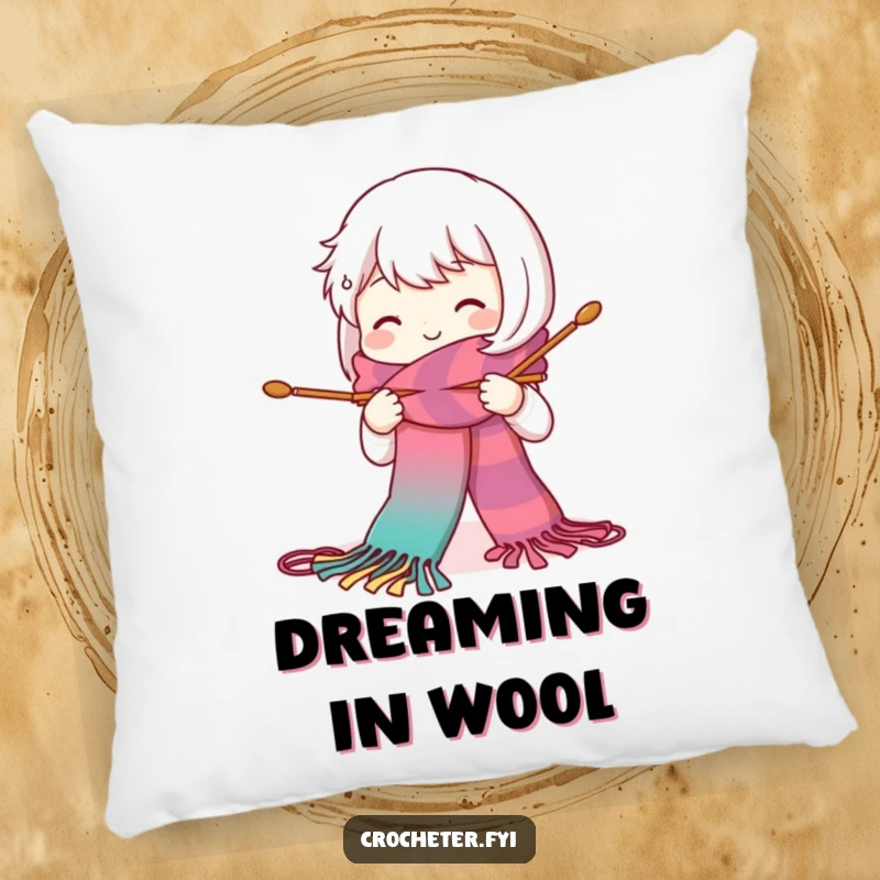 Funny pillow featuring a cute, smiling character knitting a long, colorful scarf with large needles, designed for cozy, crafty comfort.