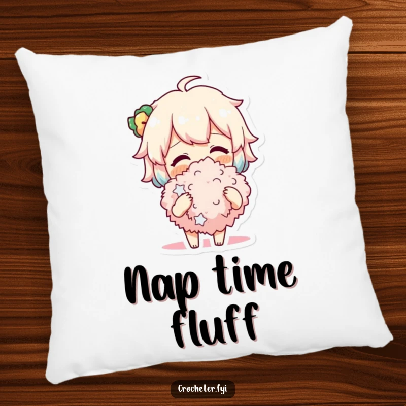 Funny Pillow showcasing a cheerful character with a delighted expression, admiring a large, soft pompom they just created, adding charm to any room.